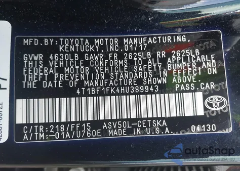 2017 Toyota Camry Se z USA, uszkodzony, nr VIN 4T1BF1FK4HU389943